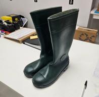 Photo détaillant le don ensemble de chaussures de sécurité, modèle Bottes vertes - Musée du Louvre
